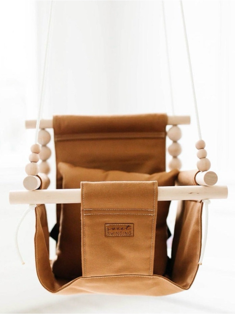 Sweet Swinging Baby Toddler Hanging Swing Nutmeg Tan Wood Boho Indoor Swing